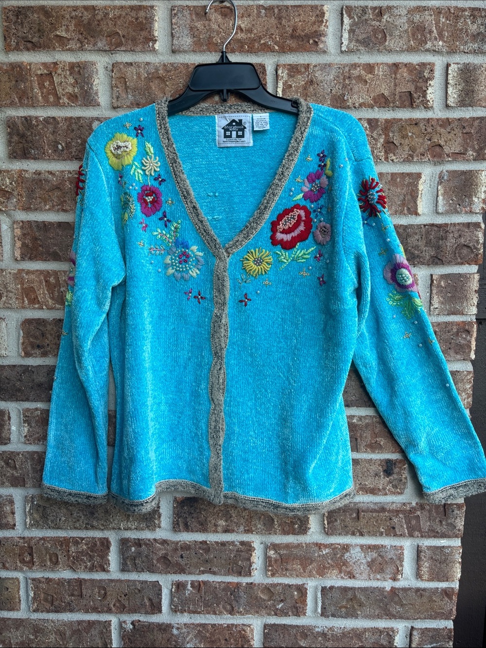 Storybook knits Turquoise Embroidered V-Neck Sweater embroidered and beaded